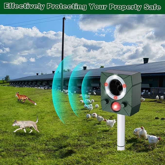 Solar Ultrasonic Mouse Squirrel Repellent with Motion Detection, Waterproof Pest Deer Repeller Outdoor, Nocturnal Animal Cat Repellent with Light for Mouse, Rodent, Coyote, Snake, Shunk, Fox, Raccoon