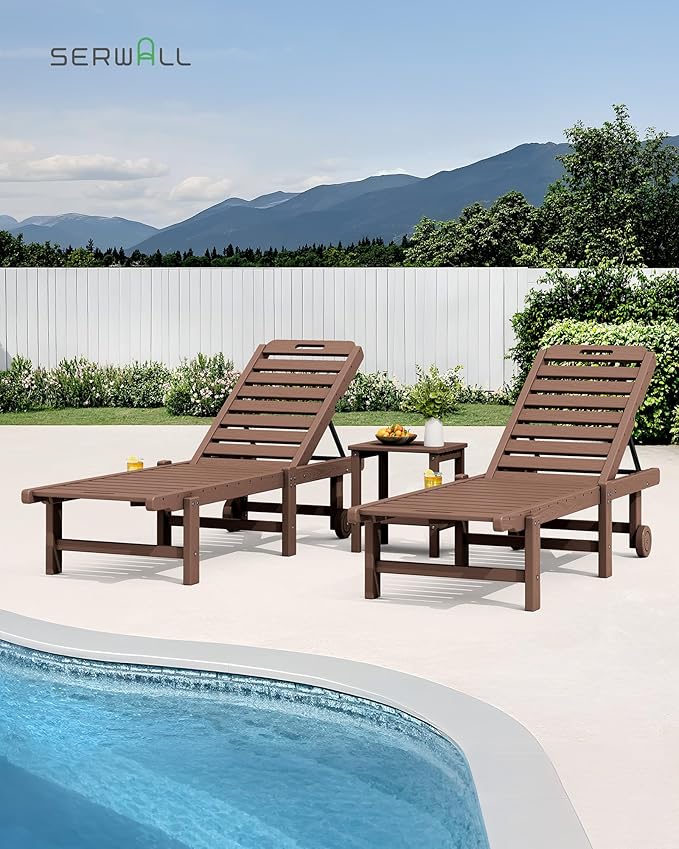 SERWALL Patio Chaise Lounge Set of 4, HDPE Outdoor Lounge Chair with Cup Holder, 5 Positions Adjustable Poly Lounge Chair with Rolling Wheels for Poolside, Deck, Sunbathing, Brown