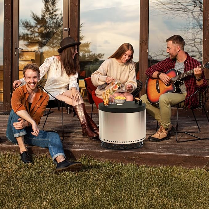 FEBTECH - Smokeless Fire Pit Accessories Combo - Heavy Duty Carbon Steel 15" Firepit Base Ring,15.5" Lid with 2 Wooden Handles - Fireplace Tools Kit for Camping, Patio, Bonfire Use