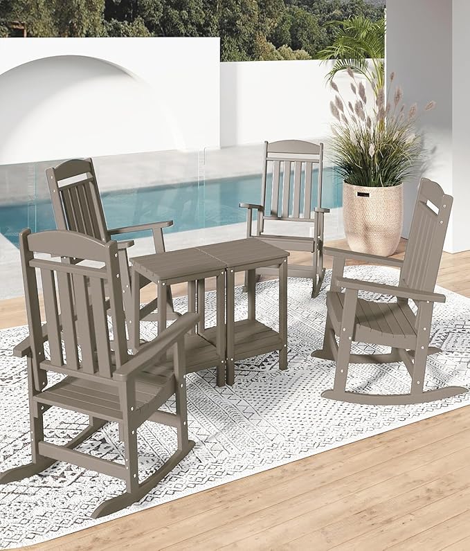 FOOWIN 3-Piece Outdoor Rocking Chairs Set, High Back Patio Rocker with Side Table, HDPE All Weather Resistant Oversized Rocking Chairs for Indoors, Porch, Patio, Backyard, Brown
