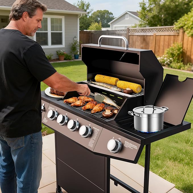 50,000 BTU Gas Grill, 4 Burner BBQ Propane Gas Grill with Side Burner and Stainless Steel Grates,Easy-Clean Grease for Patio, Camping, Outdoor Cooking