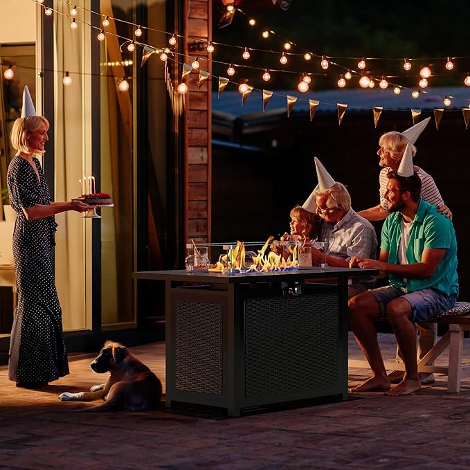 Black Propane Fire Pit Table, 50000 BTU Gas Fire Pits Table with Removable Lid and Lava Rock, Rectangular Fire Table with Cover, Ideal for Dining or Party on Patio, 43'', Garden, Yard