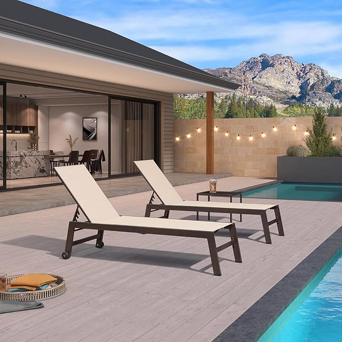 PURPLE LEAF Patio Chaise Lounge Set of 3, Outdoor Chaise Lounge with Adjustable Backrest and Wheels for Deck, Pool, Lawn, Garden, Waterproof & Easy Assembly, Cream