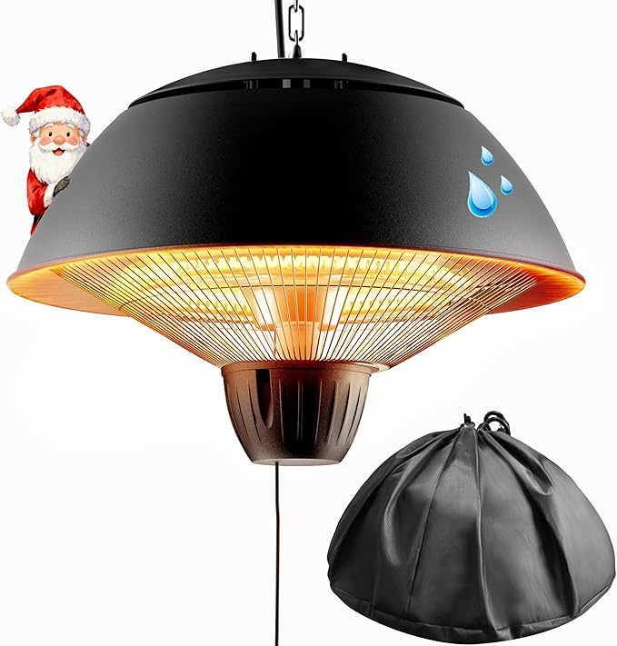 Electric Outdoor Heater, 1500W Hanging Ceiling Mounted Infrared Patio Heater for Outdoor Use, Waterproof Electric Heater for Porch, Balcony, Garage, Adjustable Height, Black