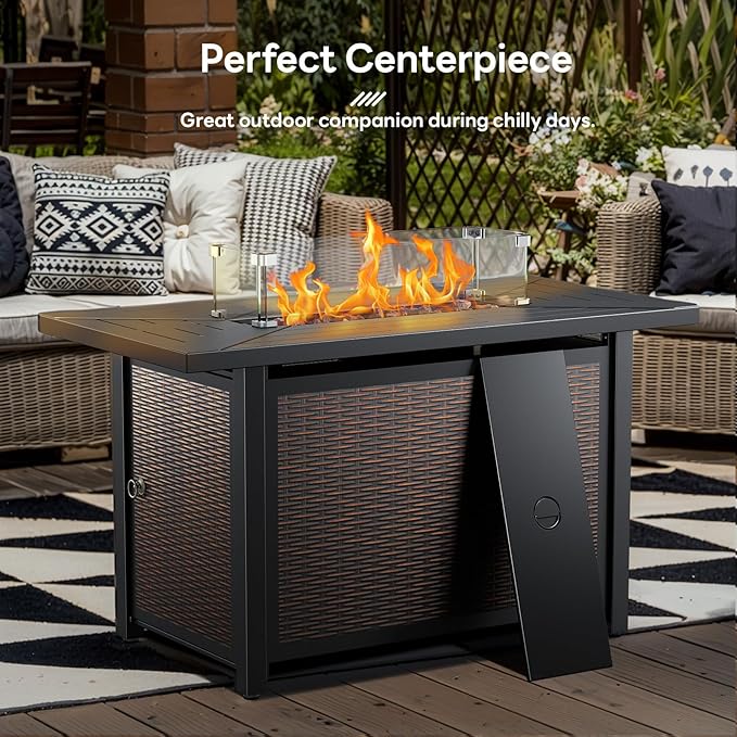 Luxury High Back Outdoor Furniture with 6-inch Extra Thick Cushions, Patio Furniture Set with Fire Pit Table & Swivel Chairs, 7 PCS Wicker Conversation Set for Yard, Deck, Poolside, Brown/Grey