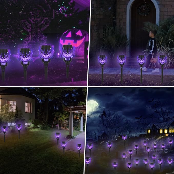 Solar Halloween Decorations Outdoor, 8 Pack Spooky Skulls Solar Torch Flame Lights, Waterproof Pathway Halloween Lights for Garden, Yard, Lawn, Porch, Landscape Decor, Purple
