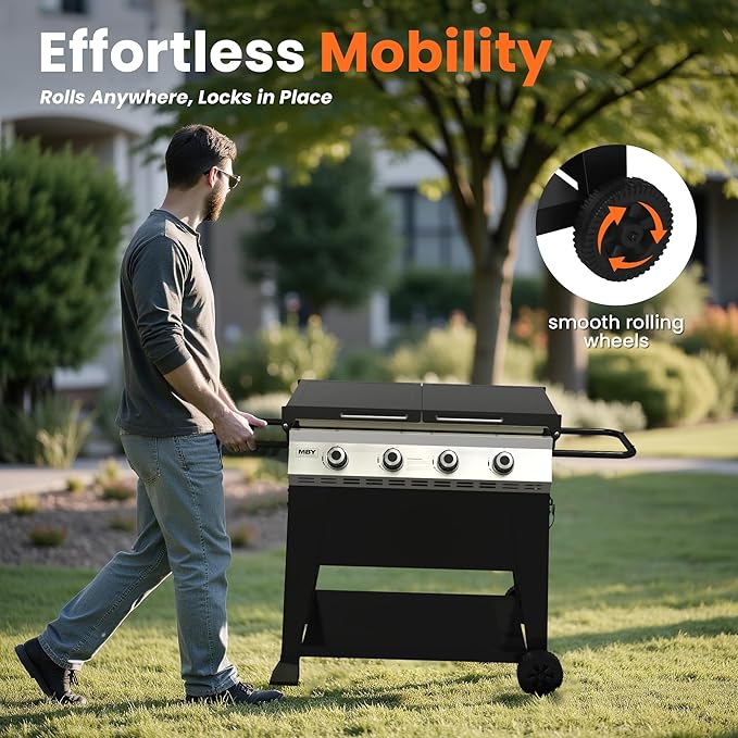 36 Inch Outdoor Flat Top Gas Propane Griddle with 5 Burners 50,000BTU,Powder Coated Steel Portable Gas Grill with Side Shelves for BBQ,Camping,Backyard