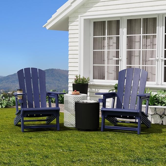 FONTOI Adirondack Chair,Plastic Outdoor Chairs Without Screws Install,Patio Adirondack with Cup Holder,400 LBS Capacity Recliner Chair Garden Chair for Backyard Lawn Beach Navy Blue