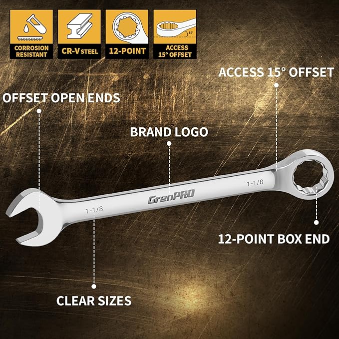 SAE Wrench Set, Large Wrench Set, 7-Piece 15/16", 1", 1-1/16", 1-1/8", 1-3/16", 1-1/4" Long Big Open End Wrench Tools Set Roll Up Pouch Organizer with Gauge, 12 Point Combination Wrenches Sets