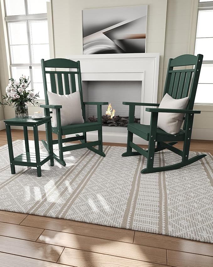 Outdoor Rocking Chairs, Oversized High Back Patio Rocking Chairs, All Weather Porch Rocking Chairs for Outside. Dark Green
