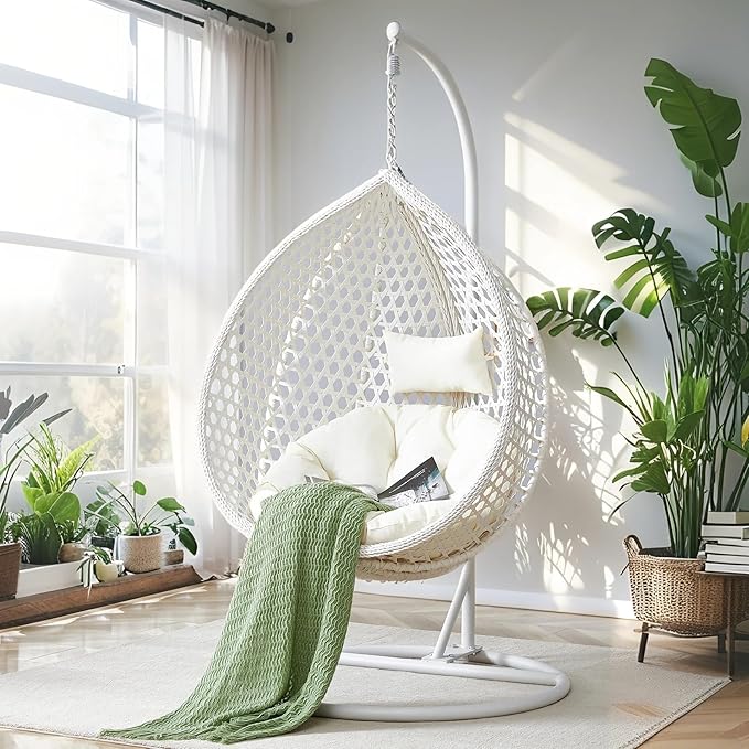 Hanging Egg Chair with Stand, Egg Swing Chair with Stand Indoor Outdoor, White Wicker Swing Egg Chair for Adults, Hammock Chair with Comfortable Cushion and Stable Round Metal Base for Bedroom Patio