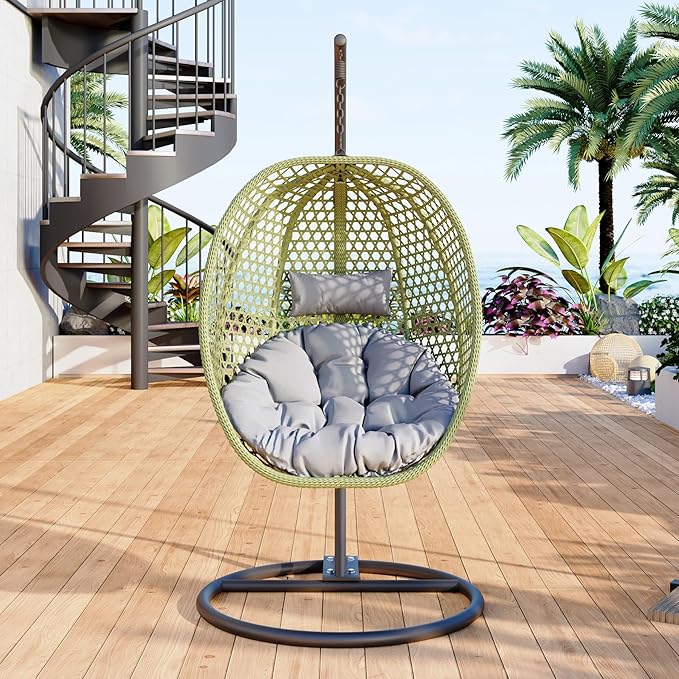 Egg Swing Chair Outdoor with Stand, Hanging Egg Rattan Basket Chair with Cushion and Pillow, Lounge Chair, Foldable Basket and Metal Stand for Porch, Patio, Bedroom, Balcony,Yard (Green)