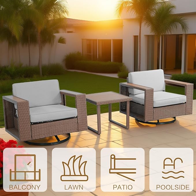 3-Piece Outdoor Patio Rocker Chair Sofa Set, PE Rattan Weaving Sofa with Thick Cushions, Coffee Table with Steel Frame and Wooden Board, Outdoor Conversation Set Brown/Light Gray Linen