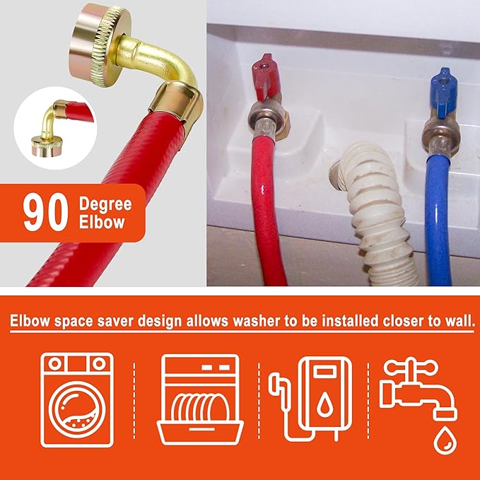 6 FT Washing Machine Hoses with 90 Degree Elbows Universial Rubber Washer Hose No-Lead Burst-proof Hot and Cold Water Supply Hoses for Washing Machine - 2 PACK by Fetechmate