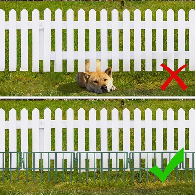 Adavin Green Animal Barrier Fence, 28 Pack 12 in(L)X10 in(H) No Dig Garden Decorative Fence 1.5" Gap, Rustproof Metal Dig Deterrent Panel Border for Dog Rabbits, Ground Stakes Outdoor Patio,Total 28Ft