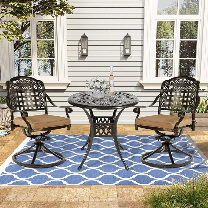 VIVIJASON 3-Piece Patio Bistro Set, Outdoor All-Weather Cast Aluminum Furniture Dining Set, Include 2 Swivel Chairs and 31" Round Table w/Umbrella Hole for Balcony, Lawn, Garden, Antique Bronze