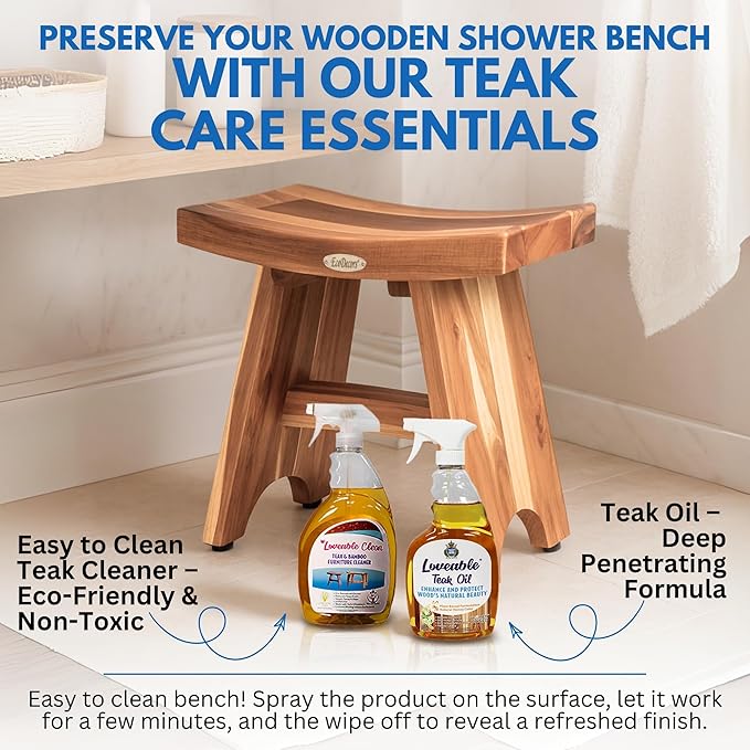 EcoDecors Teak Shower Bench 19", 300 lb Capacity – Waterproof Wood Bath Seat for Adults - Compact Spa Stool for Small Bathrooms & Walk-in Showers with Slip-Resistant Feet