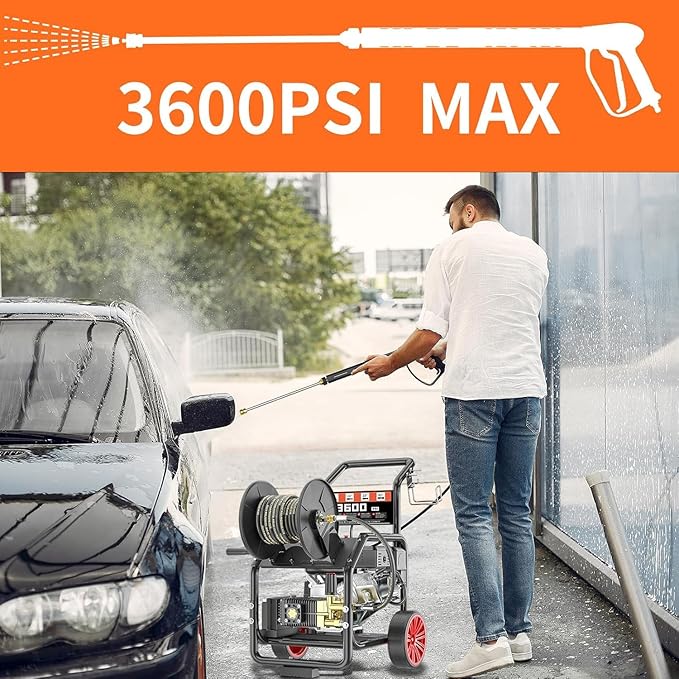 3600 PSI Gas Powered Commercial High Pressure Washer with 212cc 4HP Engine 3.3GPM Electric Start, Includes Hose Reel 50 FT 3/8 inch Hose 5 Quick Connect Nozzles Spray Gun and Wand