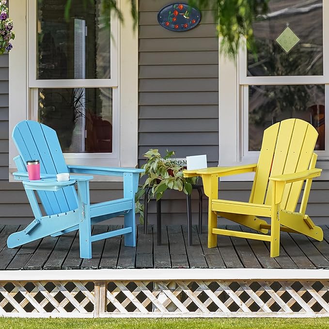 Adirondack Chair Set of 4, HDPE Folding Adirondack Chair with Multifunctional Cup Holder, Weather Resistant Fire Pit Chair for porches, patios, poolsides, Decks.