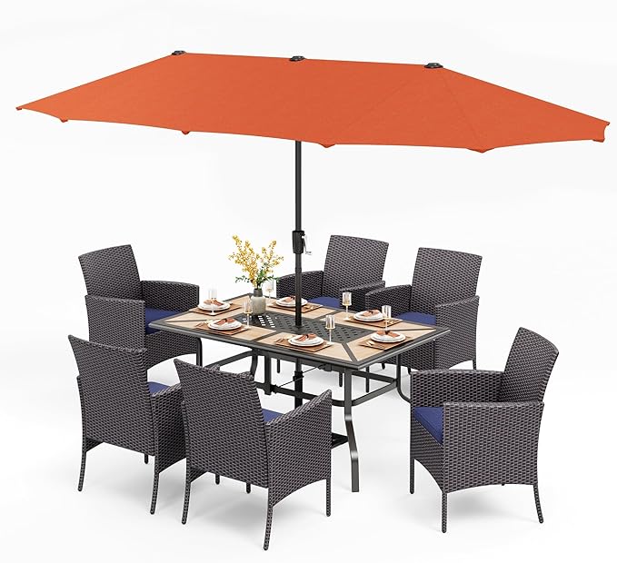 PHI VILLA 7 Piece Outdoor Dining Set with Umbrella, Rectangular Wood Top Metal Dining Table & Cushioned Wicker Chairs & 13ft Large Red Umbrella for Patio, Deck, Yard