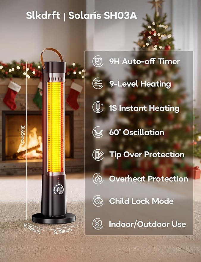 Outdoor Heater for Patio, 32" Infrared Electric Heaters Indoor w/Remote, 1500W, 60ยฐ Oscillation, 9H Timer, 9 Heat Level, Tip-Over/Overheating Protection, Safety Lock, for Garage Porch Office Black-3
