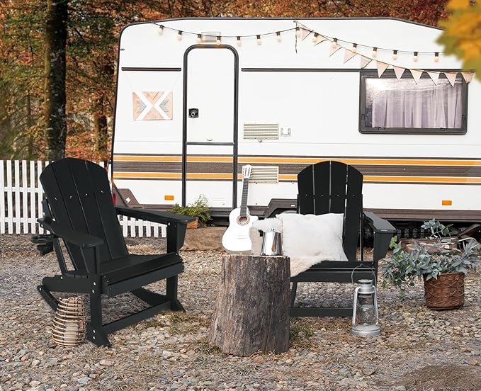 Outdoor Rocking Chair, HDPE Poly All-Weather Patio Rocking Chairs with Cup Holder for Adults, Porch Rocker for Deck Patio Balcony, 440lbs, Black