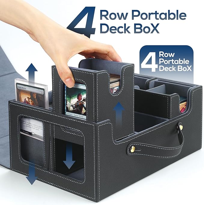 Trading Card Storage Box for MTG, MTG commander deck box,Multi-purpose Deck Case for MTG TCG Sports Card, 4 Toploaders, 4 Stoppers, 4 Colorful Dividers (Black & Grey)