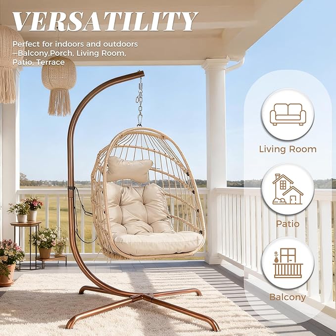 BLUEXYARD Indoor Swinging Egg Chair with Stand, 350 Lbs Water-Resistant Wicker Hanging Hammock Chair with Comfy Cushion, Outdoor Heavy-Duty Eggshell Basket for Balcony Patio Bedroom Garden, Beige