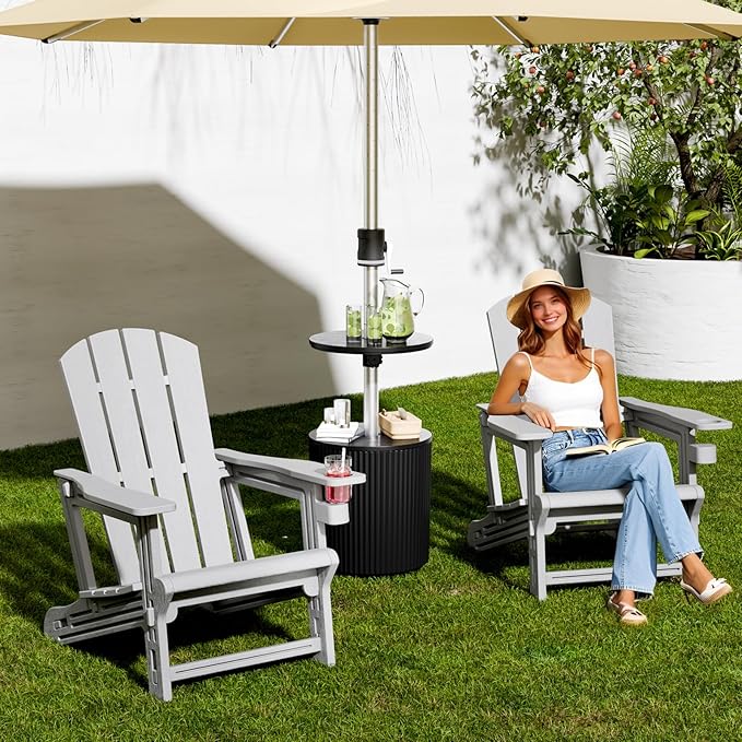 FONTOI Adirondack Chairs Set of 4,Adirondack Chair with Cup Holders,Wooden Textured Plastic Fire Pit Chair,All-Weather Outdoor Patio Chairs for Lawn,Backyard Deck, Porch,400LBS Heavy-Duty,Gray