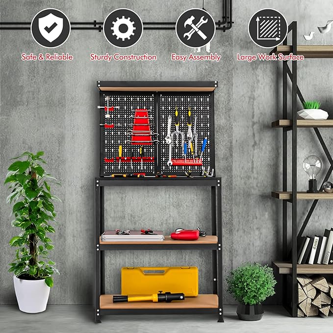 Goplus Workbench with Pegboard, 4-Tier 32” x 16” Work Table with 14 Pcs Hanging Accessories, Heavy Duty Metal Tool Stoage Bench, Work Bench for Garage, Workshop, Repair Shop