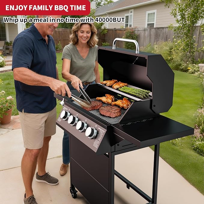4 Burner Propane Gas Grill with Wheels, 40,000 BTU Output Outdoor BBQ Gas Grill with Side Tables for Backyard,Camping & Outdoor Cooking,Easy Assembly(Black)