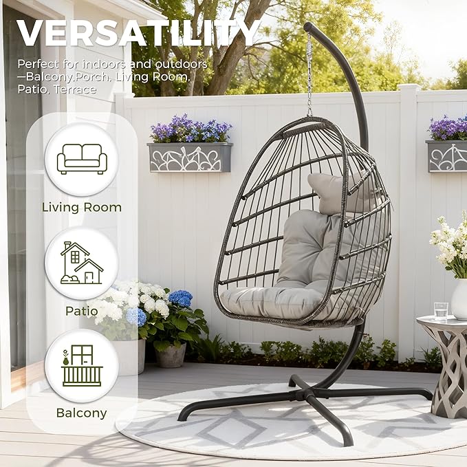 RADIATA Outdoor Self-Standing Egg Chair with Stand, 350Lbs Wicker Rattan Hanging Hammock Chair with Comfy Cushion, Single Eggshell Basket Swing Seat for Garden Balcony Bedroom Patio, Light Grey