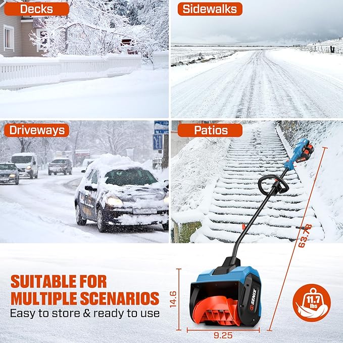 SENIX 2X2 40V Max Cordless Snow Shovel, 13" Width, 6" Depth, 20Ft Max Throw Distance,Variable Speed, Plows 375lbs/Min, 8000mAh Batteries and Charger