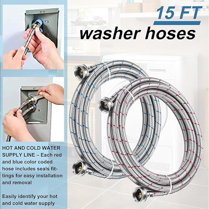 15FT Long Stainless Steel Washing Machine Hoses for Hot and Cold Water Supply Hoses with 3/4'' Standard NPT Connections Burst-proof No-leak Washing Machine Hoses 2 Pack by Fetechmate