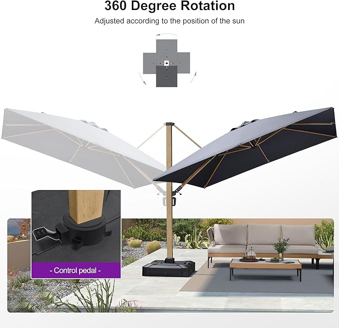PURPLE LEAF 10FT Patio Umbrella With Base Square Cantilever Umbrella Teak Finished Aluminum Frame Large Windproof Offset Outdoor Sun Umbrellas for Beach Pool Deck, Grey