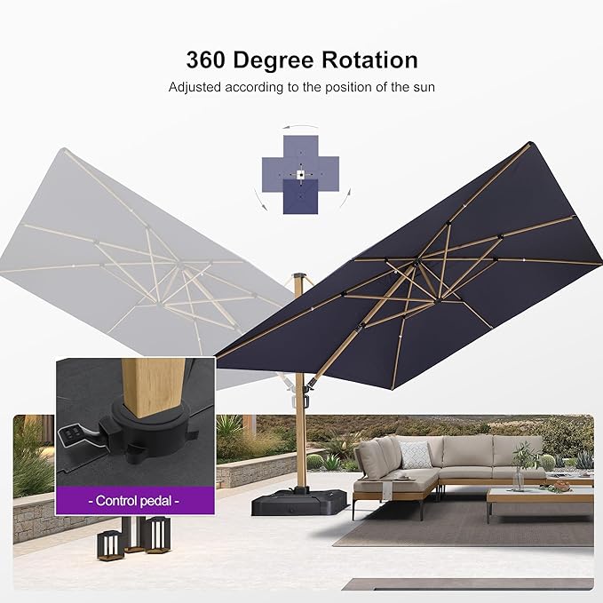 PURPLE LEAF 11FT Patio Umbrella With Base Square Cantilever Umbrella Teak Finished Aluminum Frame Large Windproof Offset Outdoor Sun Umbrellas for Beach Pool Deck, Navy Blue