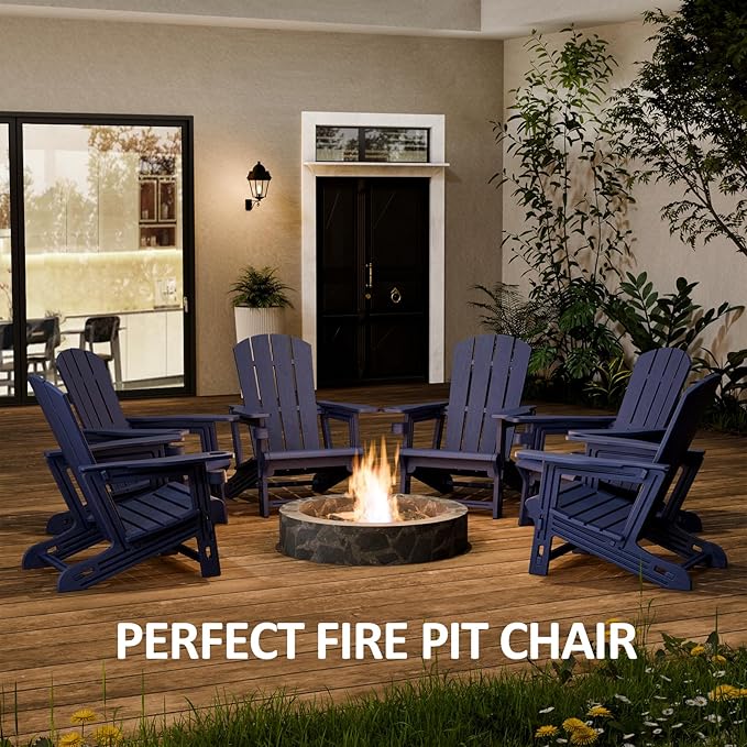 Adirondack Chairs Set of 6,Adirondack Chair with Cup Holders,Wooden Textured Plastic Fire Pit Chair,All-Weather Outdoor Patio Chairs for Lawn,Backyard Deck, Porch,400LBS Heavy-Duty,Navy Blue