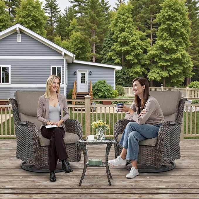 Outdoor Swivel Rocker Patio Chairs with 5" Thick Cushion - 3 Piece Wicker Bistro Set with Side Table, High Back Comfty Outdoor Glider Chairs for Balcony, Porch, Deck, Poolside - Brown/Gray