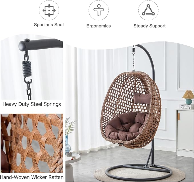 Egg Swing Chair with Stand for Outdoor Indoor, Hanging Egg Chair with Cushion and Pillow, Lounge Chair, Foldable Basket and Metal Stand for Porch, Patio, Bedroom, Balcony,Yard (Brown)