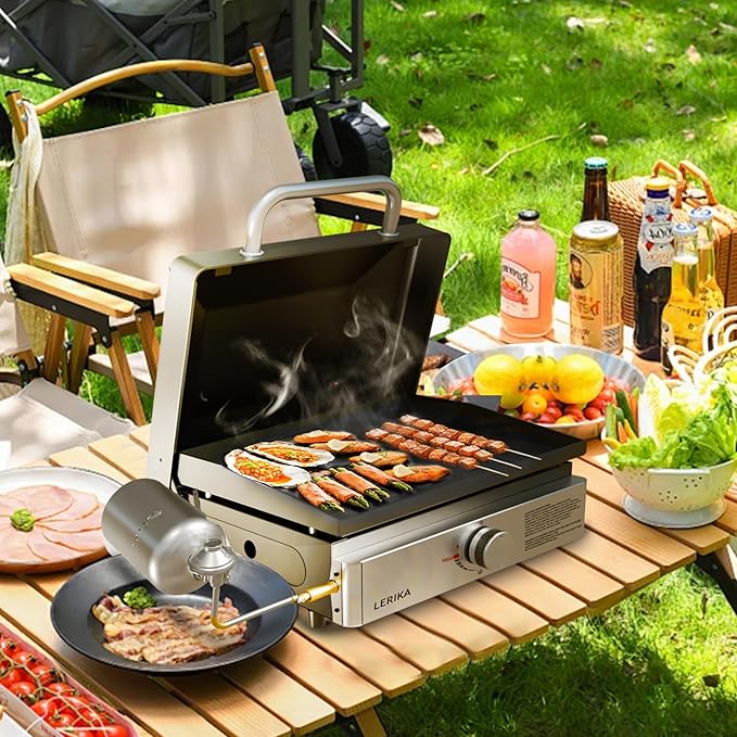 LERIKA 18" Tabletop Propane Grilddle With Lid for Outdoor Kitchen Barbecue Grill, Non Stick Enamel/Durable Stainless Steel/1 Burner Portable Flat Top Grills