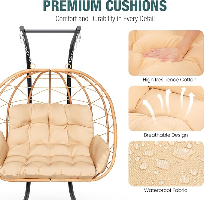Pamapic Double Egg Chair wth Stand, 700 LBS Loveseat Rattan Swing Chair, UV Resistant Cushions with Armrests and Headrest, Thick Steel Frame Hammock Swing for Outdoor, Patio, Indoor(Beige)