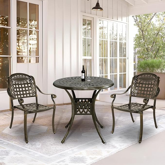 VIVIJASON 3-Piece Outdoor Patio Bistro Set, All-Weather Cast Aluminum Furniture Dining Sets Include 2 Chairs and 31" Round Table w/Umbrella Hole for Balcony, Lawn, Garden, Backyard, Antique Bronze