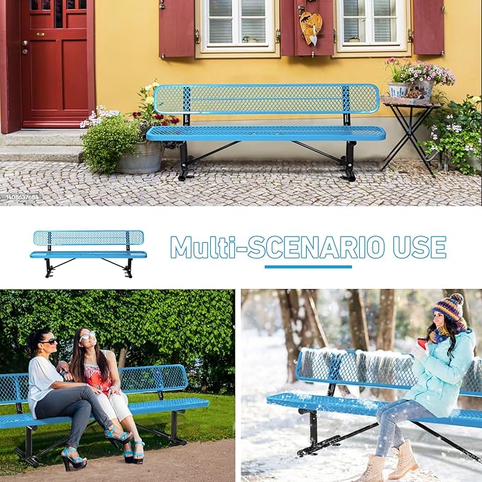 8Ft Outdoor Bench with Back Portable Frame, Outdoor Steel Park Bench with Backrest, Expanded Metal Mesh Bench for Outside, Lawn, Backyard, Park, Garden, Patio, Porch, Blue