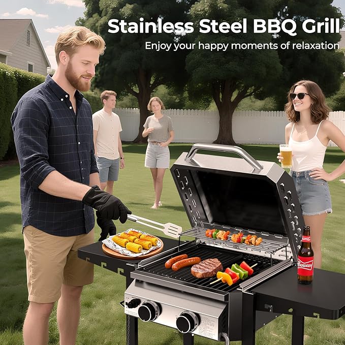 R.W.FLAME G20B Propane Gas Grill with 2-Burner, 16000 BTU Stainless Steel Outdoor BBQ Grill for Cooking with Top Cover Lid,Wheels,Side Storage Shelves,hooks Portable Barbeque for Patio Garden Camping