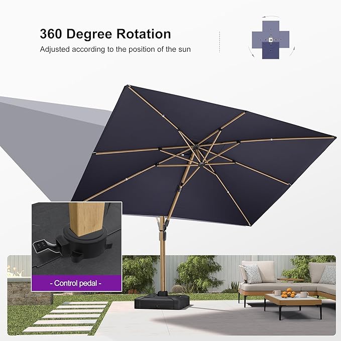 PURPLE LEAF 9' x 12' Rectangle Patio Cantilever Umbrella With Base Large Hanging Umbrella Teak Finished Aluminum Frame Windproof Offset Outdoor Sun Umbrellas for Beach Pool Deck, Navy Blue