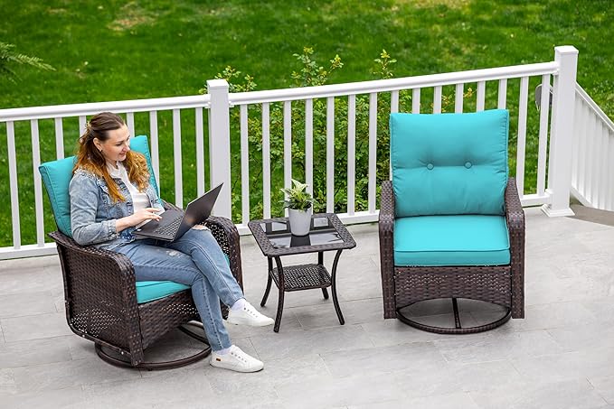 ALAULM Outdoor Swivel Rocking Chairs Set of 2 with 4”Thick Cushions and High Back,Wicker Patio Chairs w/Side Table for Patio, Porch, Poolside, Deck, Backyard, Garden-Blue