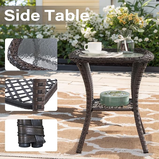 Belord 5 Piece Outdoor Patio Furniture Set with 50000 BTU Propane Fire Pit Table, Deep Seating Wicker Swivel Rocker Chairs and Loveseat Glider Patio Conversation Set for Deck Poolside Backyard Blue