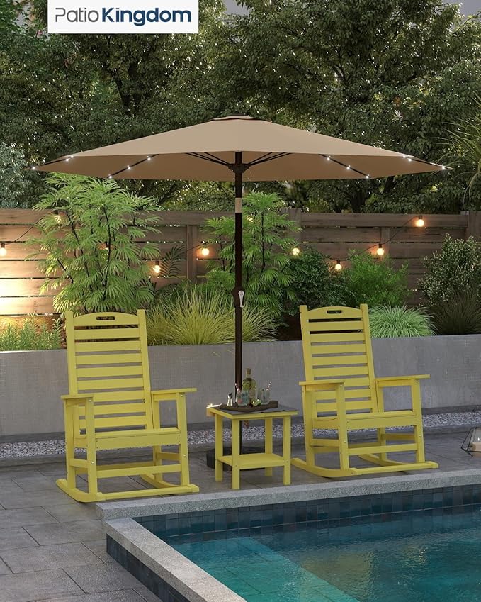 Outdoor Rocking Chairs Set of 2 with Footrest & Side Table, HDPE Modern Rocking Lawn Chair for Garden, Poolside, Deck (Yellow)