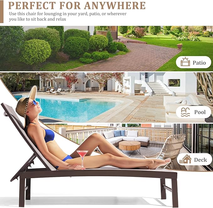 Patio Aluminum Chaise Lounge Chair, Set of 4 Outdoor Recliner Lounge Chair Sun Loungers, All Weather Chaise with 5 Adjustable Backrest and Lay Flat Positions for Garden, Balcony, Pool