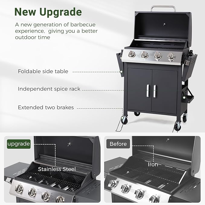 HUGROVE Propane Gas BBQ Grill with Wheels, 40,000 BTU Output Stainless Steel Barbecue Grill for Backyard & Outdoor Cooking Easy to Assemble, Foldable Side Tables & Spice Rack (Black)
